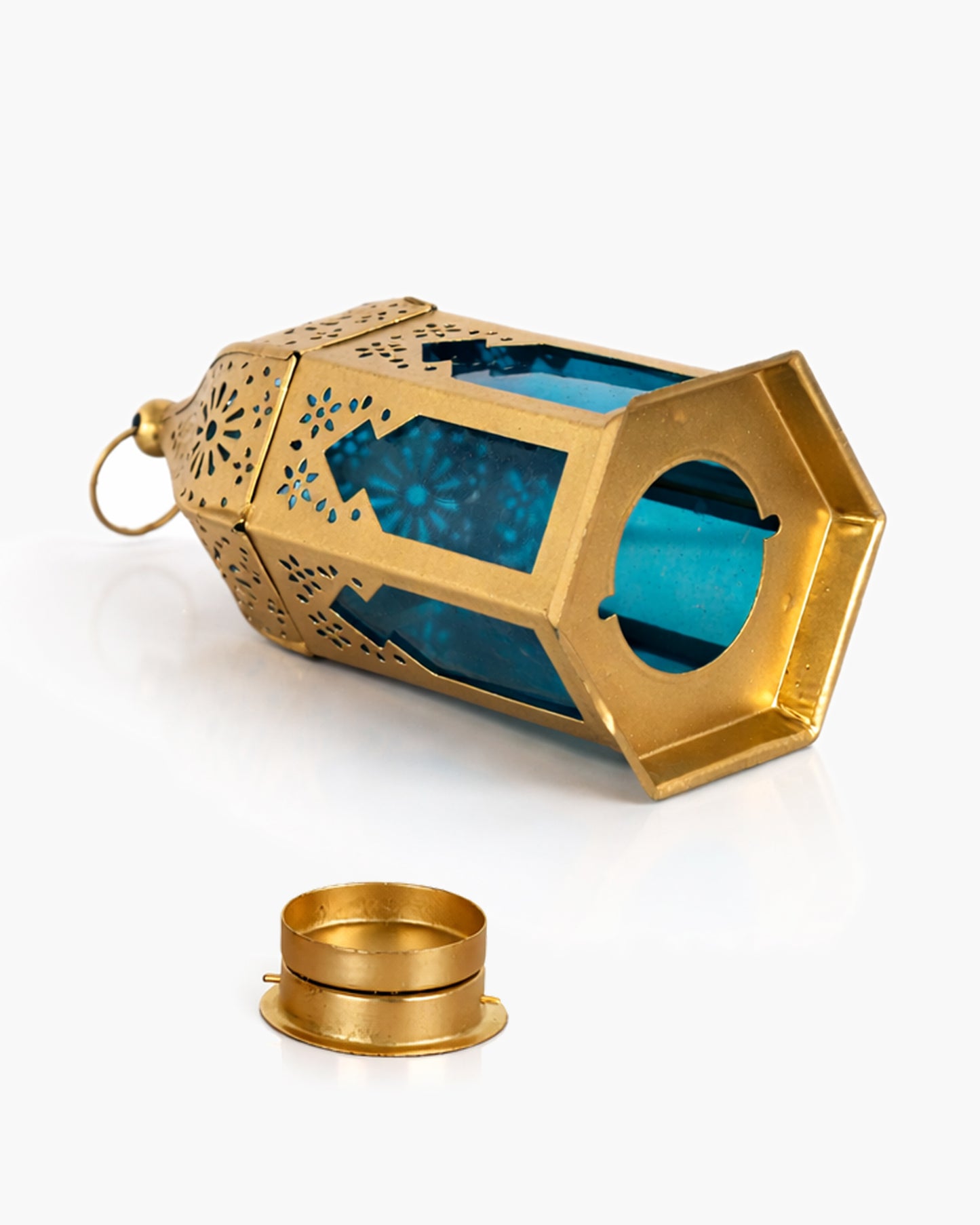 Moroccan Golden Lantern with Blue Glass, Ramadan & Eid Decorative Candle Holder, Islamic Festive Table & Home Décor, Warm Ambient Metal Lantern for Iftar, Prayer Corner & Living Room