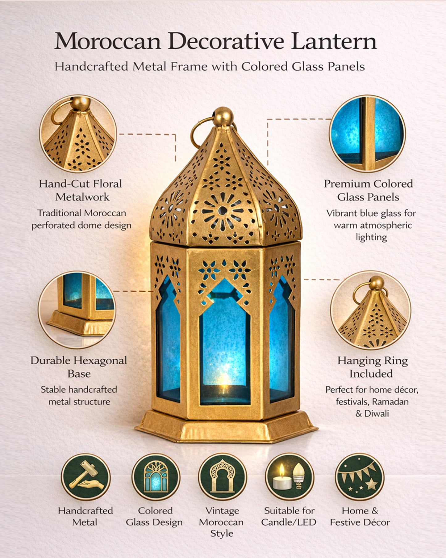Moroccan Golden Lantern with Blue Glass, Ramadan & Eid Decorative Candle Holder, Islamic Festive Table & Home Décor, Warm Ambient Metal Lantern for Iftar, Prayer Corner & Living Room