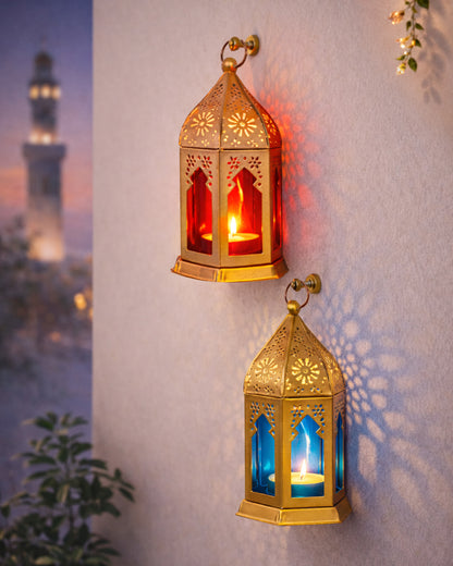 Moroccan Golden Lantern with Blue Glass, Ramadan & Eid Decorative Candle Holder, Islamic Festive Table & Home Décor, Warm Ambient Metal Lantern for Iftar, Prayer Corner & Living Room