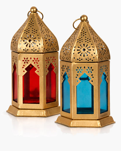 Moroccan Golden Lantern with Blue Glass, Ramadan & Eid Decorative Candle Holder, Islamic Festive Table & Home Décor, Warm Ambient Metal Lantern for Iftar, Prayer Corner & Living Room
