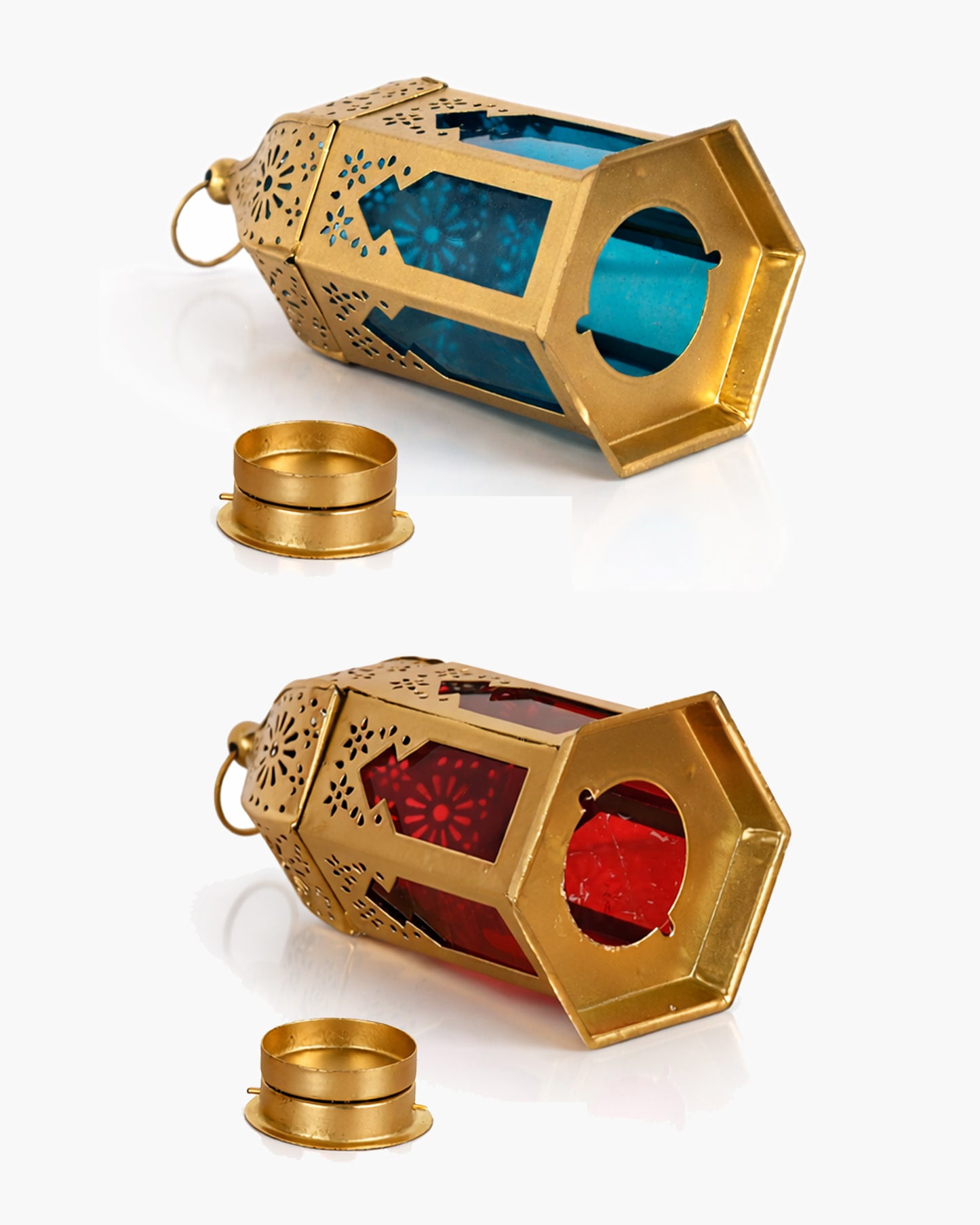 Moroccan Golden Lantern with Blue Glass, Ramadan & Eid Decorative Candle Holder, Islamic Festive Table & Home Décor, Warm Ambient Metal Lantern for Iftar, Prayer Corner & Living Room