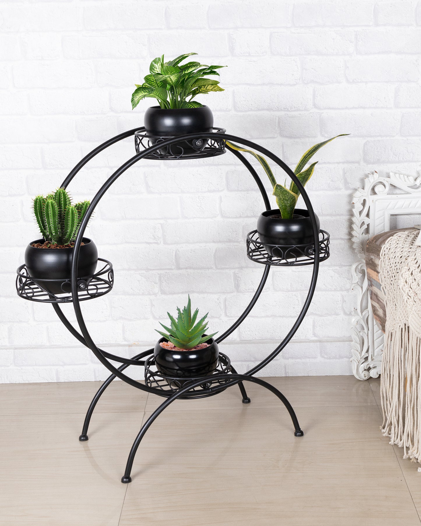 Round Black Plant Stand Metal Flower Holder Racks with 4 Tier With Metal Pot Garden Decoration Planter Rack Shelf Black
