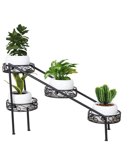 4 Tier Ladder Plant Stand Metal Flower Holder Racks With Metal Pot Garden Decoration Planter Rack Shelf