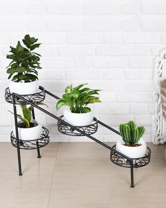 4 Tier Ladder Plant Stand Metal Flower Holder Racks With Metal Pot Garden Decoration Planter Rack Shelf