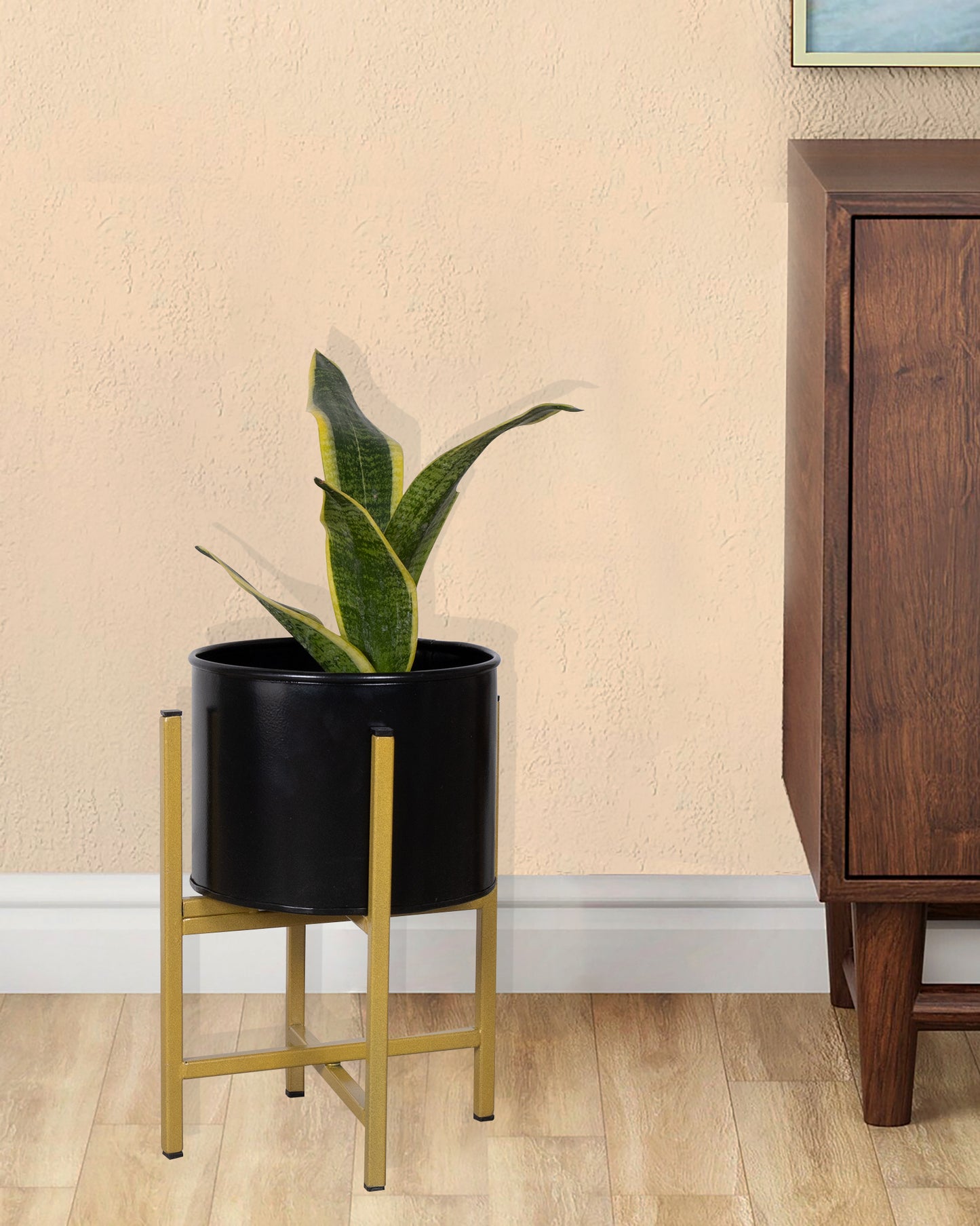 10" Mid Century Golden Modern Small Planter with Stand, with Black Pot, Plant Holder for Indoor Snake Plants Flowers