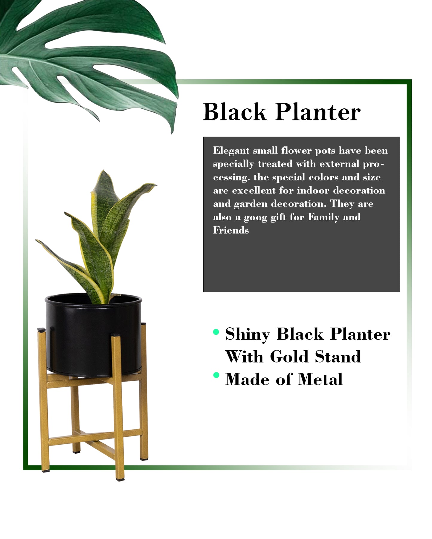 10" Mid Century Golden Modern Small Planter with Stand, with Black Pot, Plant Holder for Indoor Snake Plants Flowers