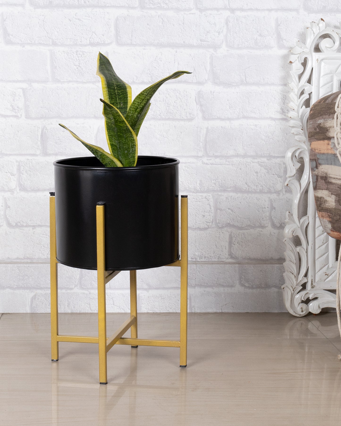 13" Mid Century Golden Modern Large Planter with Stand, with Black Pot, Plant Holder for Indoor Snake Plants Flowers