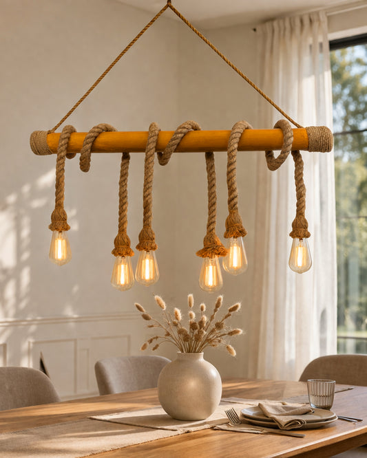 Handmade Hemp Rope Pendant Décor Light 6 Lights Rustic Chandelier Light Fixture Vintage, Rope Braided Bamboo
