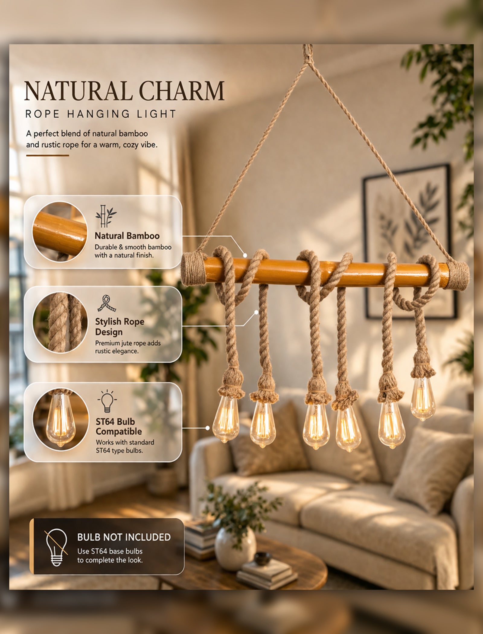 Handmade Hemp Rope Pendant Décor Light 6 Lights Rustic Chandelier