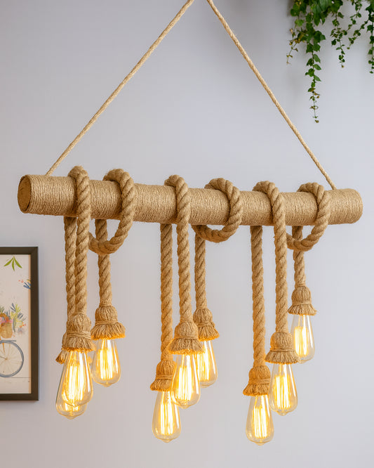 Handmade Hemp Rope Pendant Décor Light 6 Lights Rustic Chandelier Light Fixture Vintage, Rope Braided Bamboo