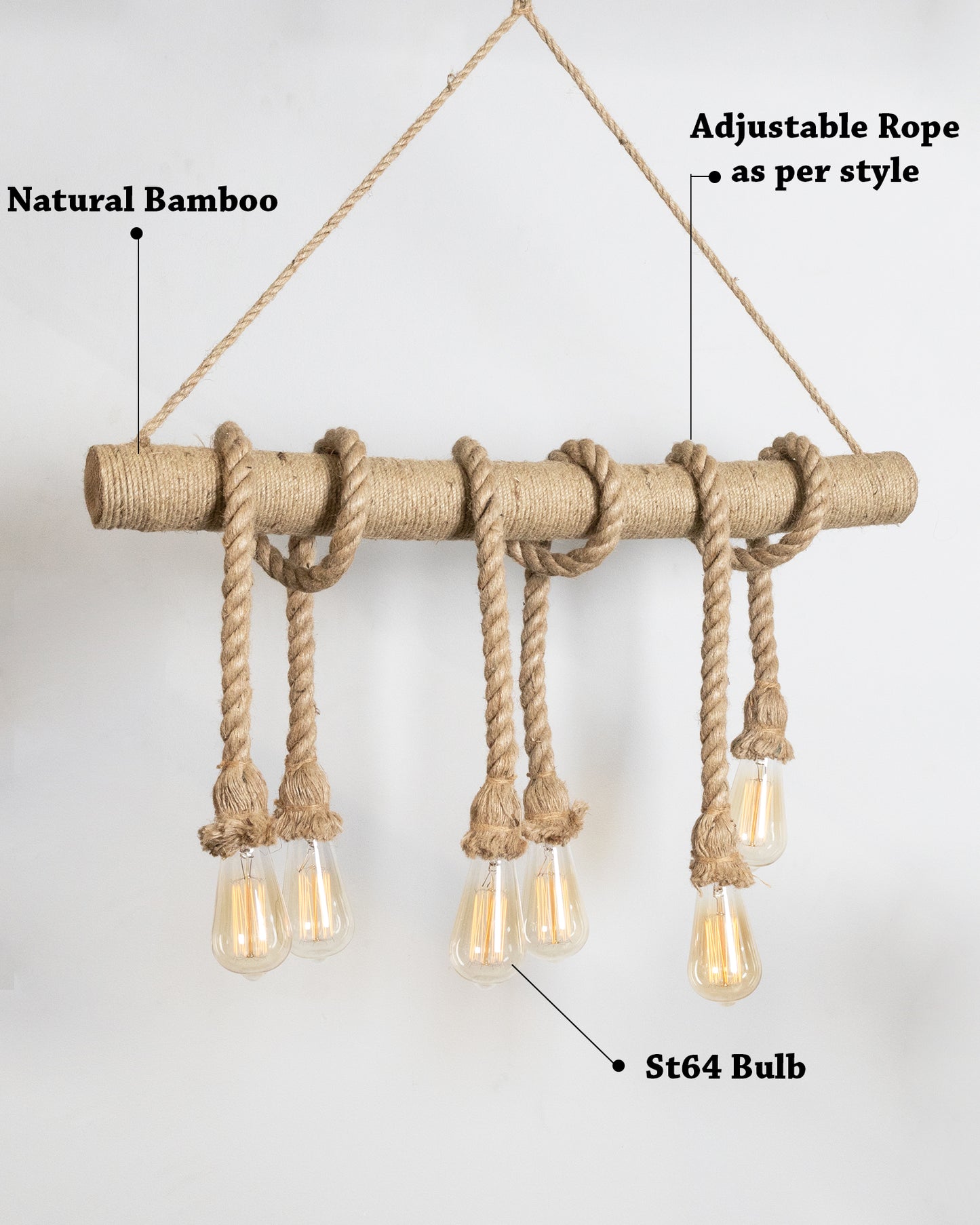 Handmade Hemp Rope Pendant Décor Light 6 Lights Rustic Chandelier Light Fixture Vintage, Rope Braided Bamboo