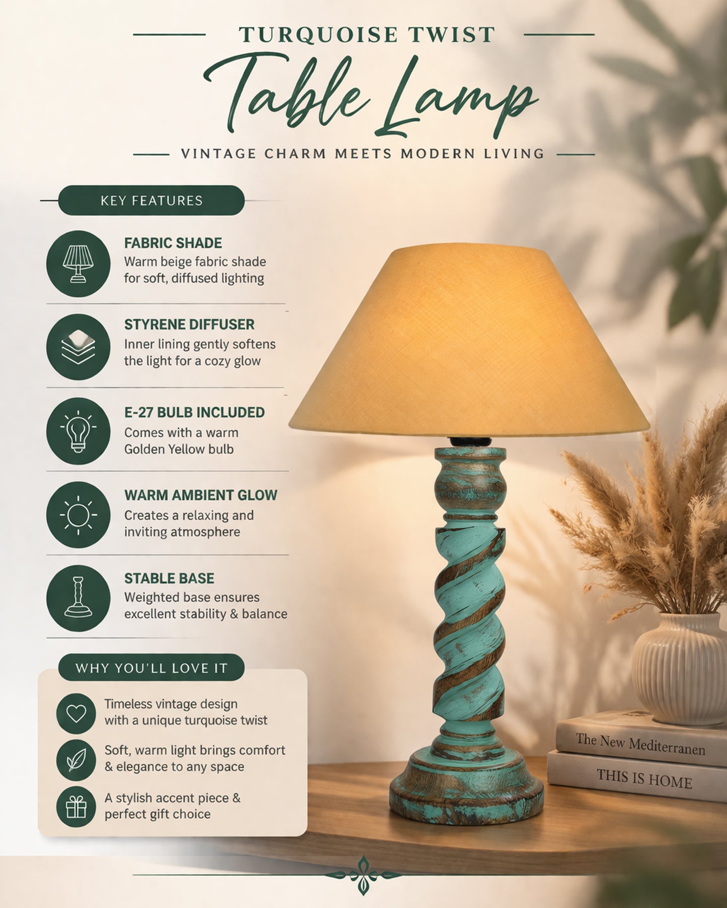 Signature Rustic Rope Algae Table Lamp With White Cone Shade, Farmhouse, Living Room, Bedroom, House Bedside Nightstand, Home, Office, Reading Light