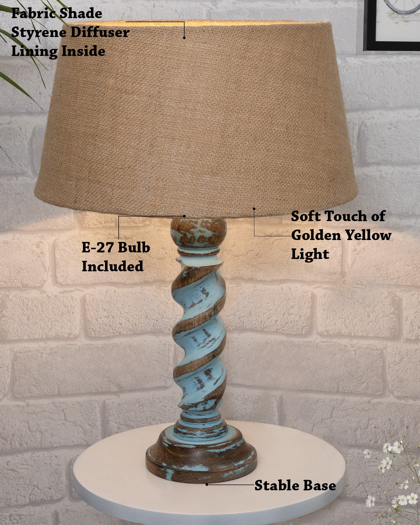 Signature Rustic Rope Distress Blue Table Lamp With Jute Drum Shade, farmhouse Living Room Bedroom House Bedside Nightstand Home Office Reading Light
