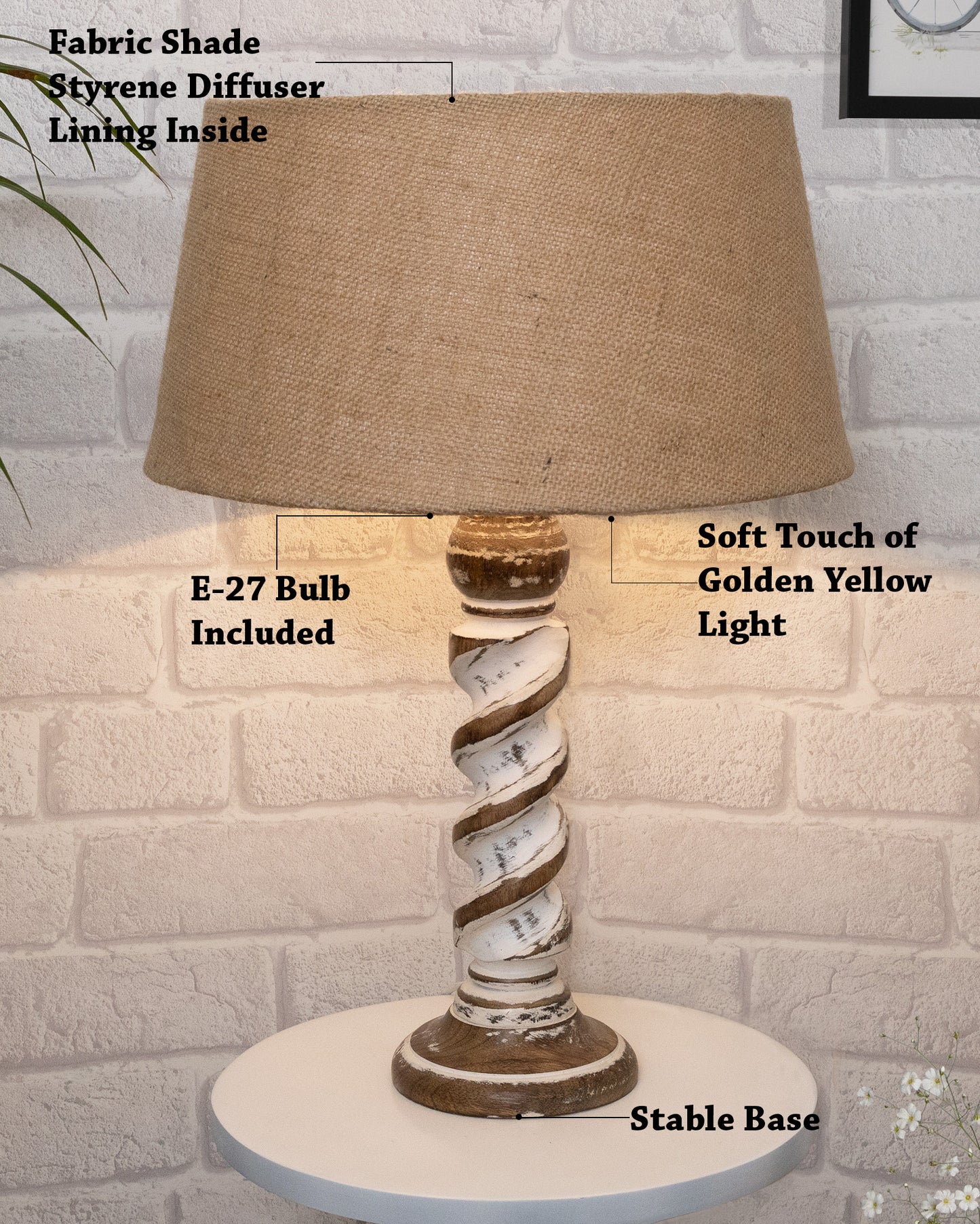 Signature Rustic Rope Whitewash Table Lamp With Jute Drum Shade, farmhouse Living Room Bedroom House Bedside Nightstand Home Office Reading Light