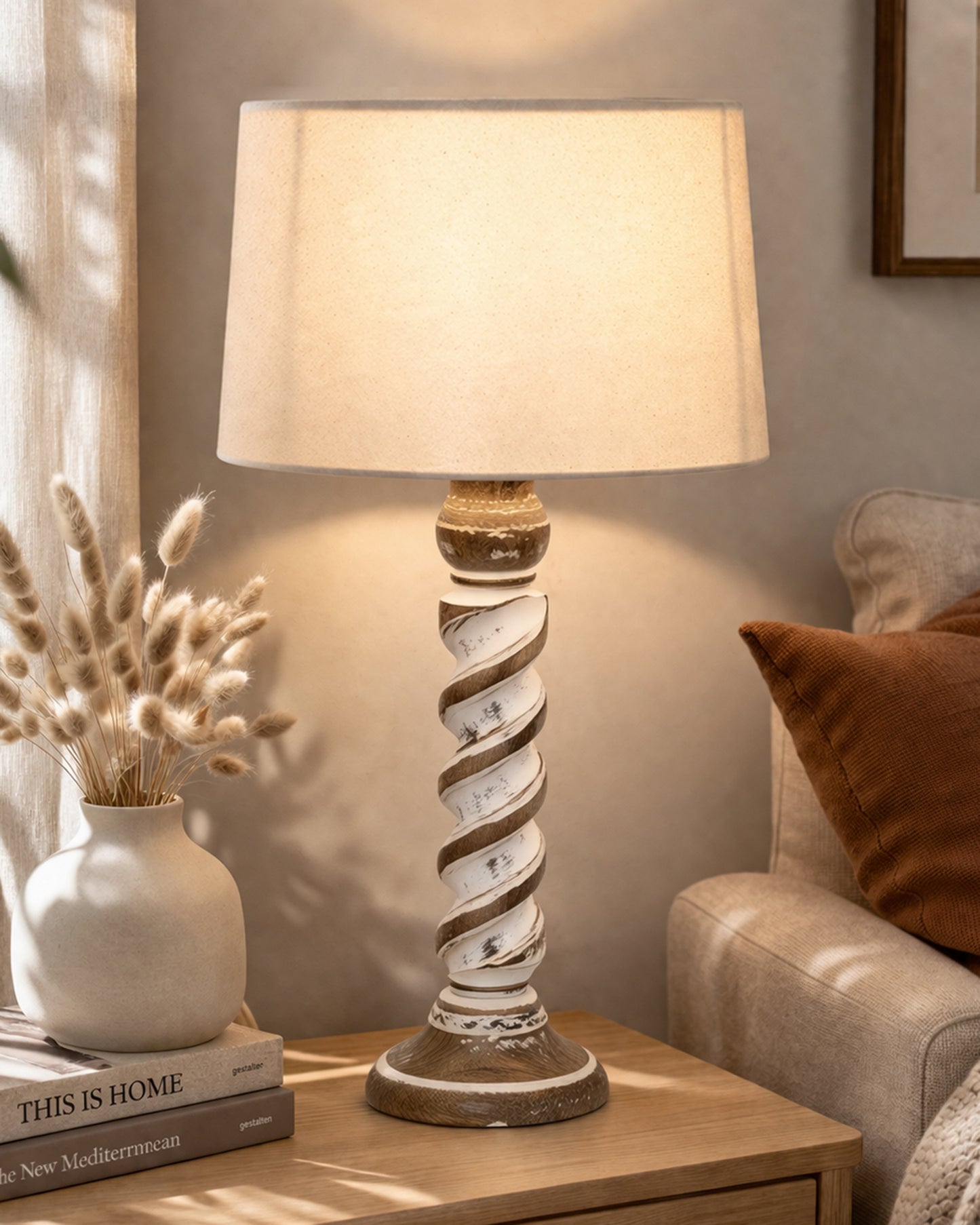 Signature Rustic Rope Whitewash Table Lamp With Jute Drum Shade, farmhouse Living Room Bedroom House Bedside Nightstand Home Office Reading Light