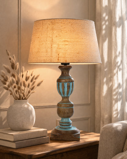 Rustic Distress Blue French Trophy Carved Table lamp with Empire Jute Shade