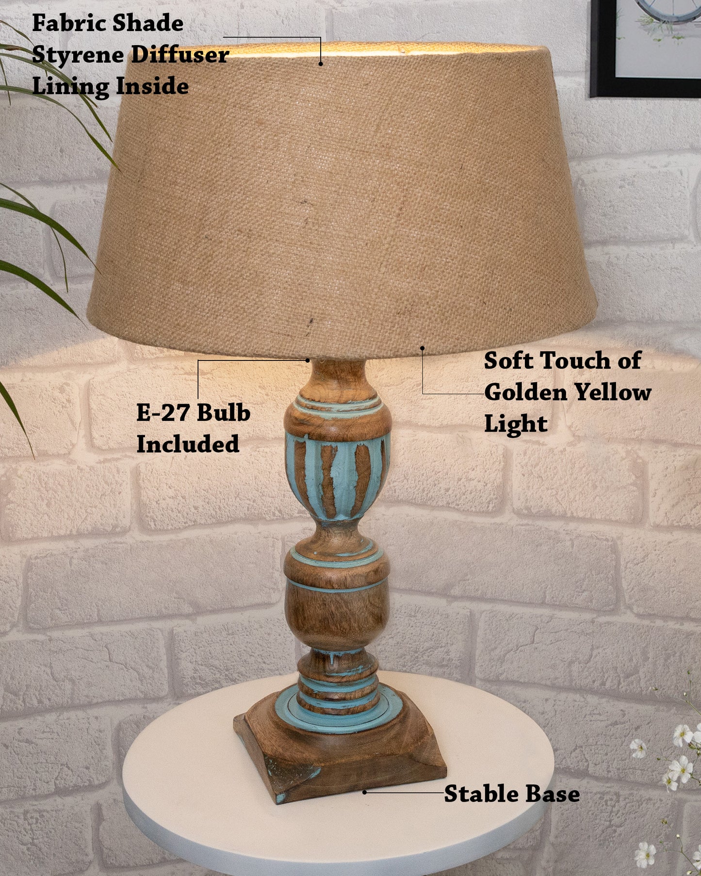 Rustic Distress Blue French Trophy Carved Table lamp with Empire Jute Shade