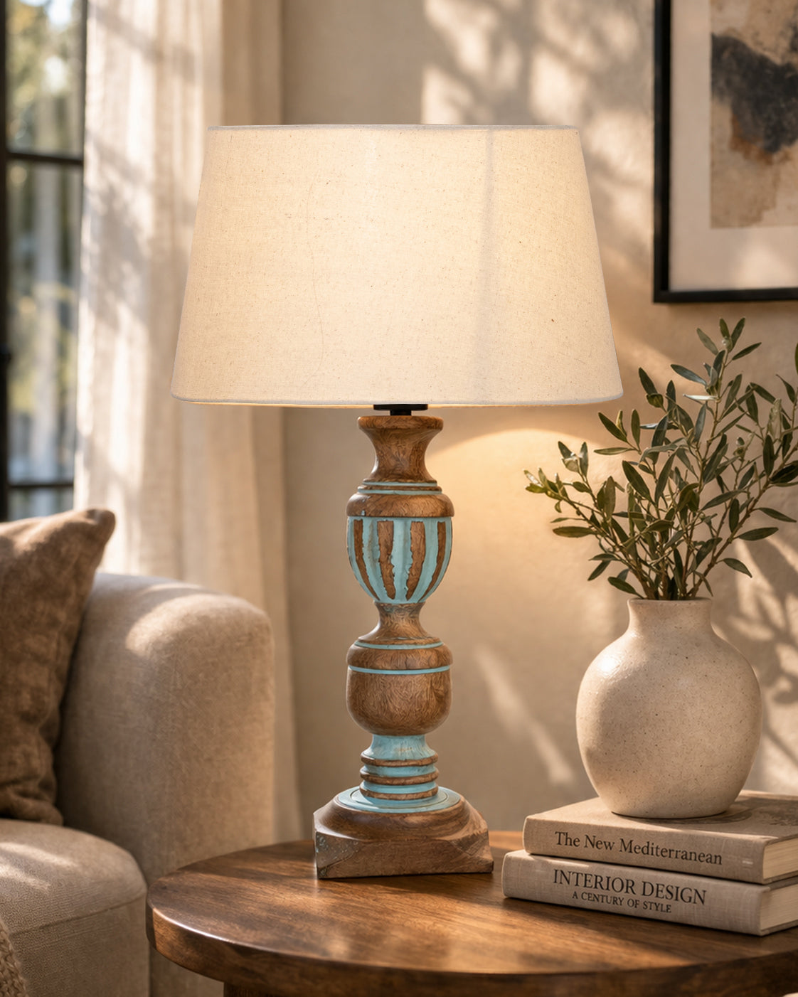 Rustic Distress Blue French Trophy Carved Table lamp with Empire Jute Shade