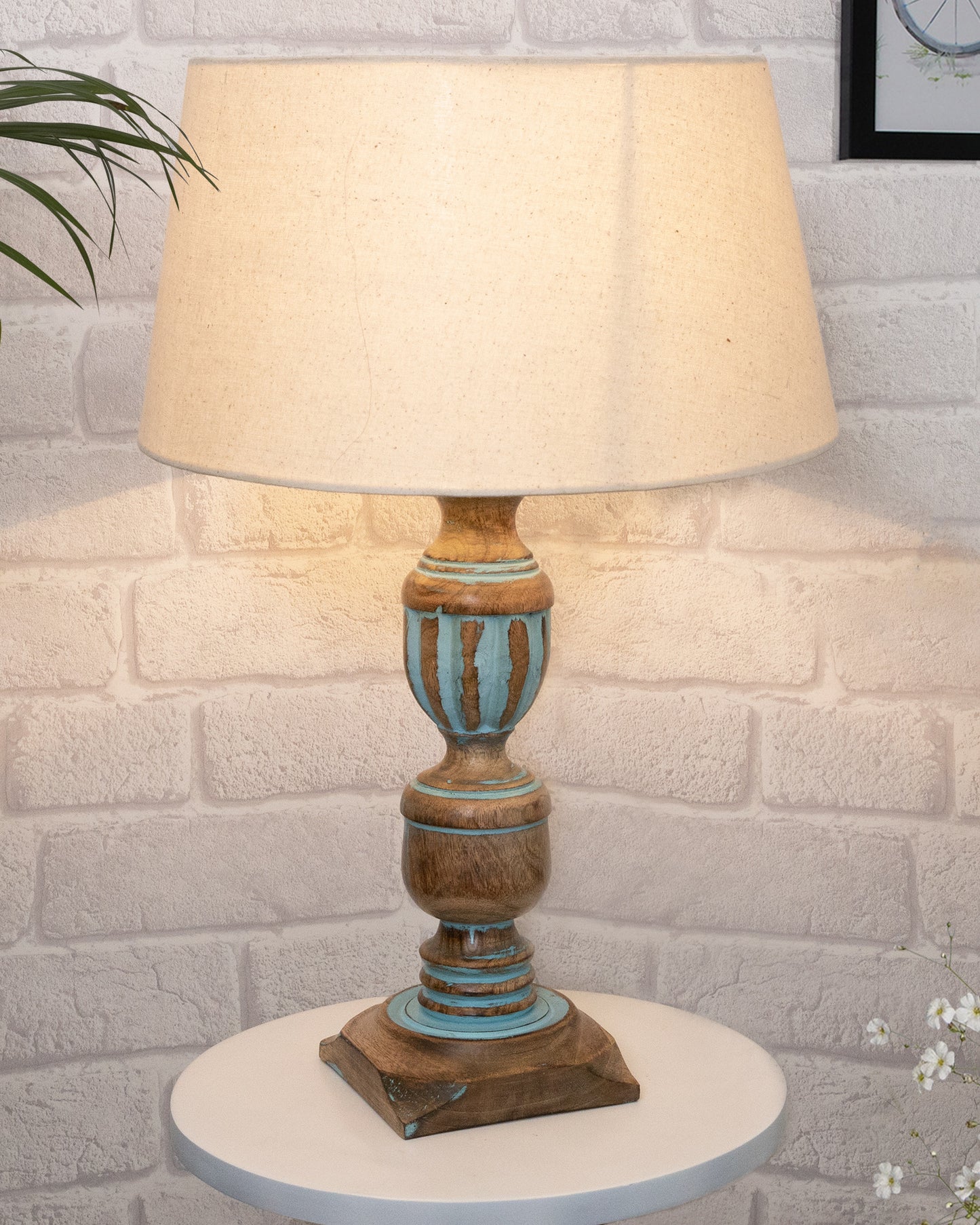 Rustic Distress Blue French Trophy Carved Table lamp with Empire Jute Shade