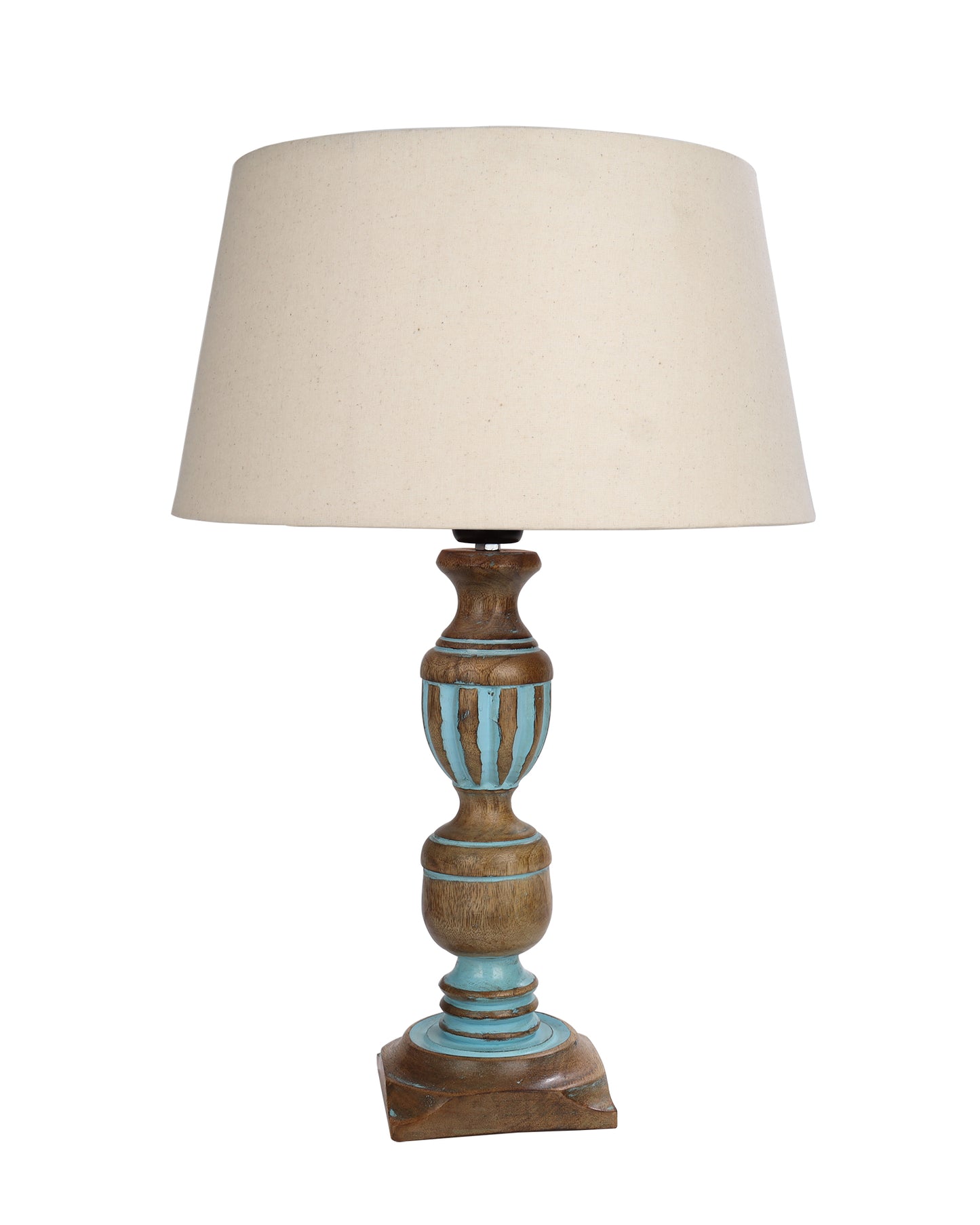 Rustic Distress Blue French Trophy Carved Table lamp with Empire Jute Shade