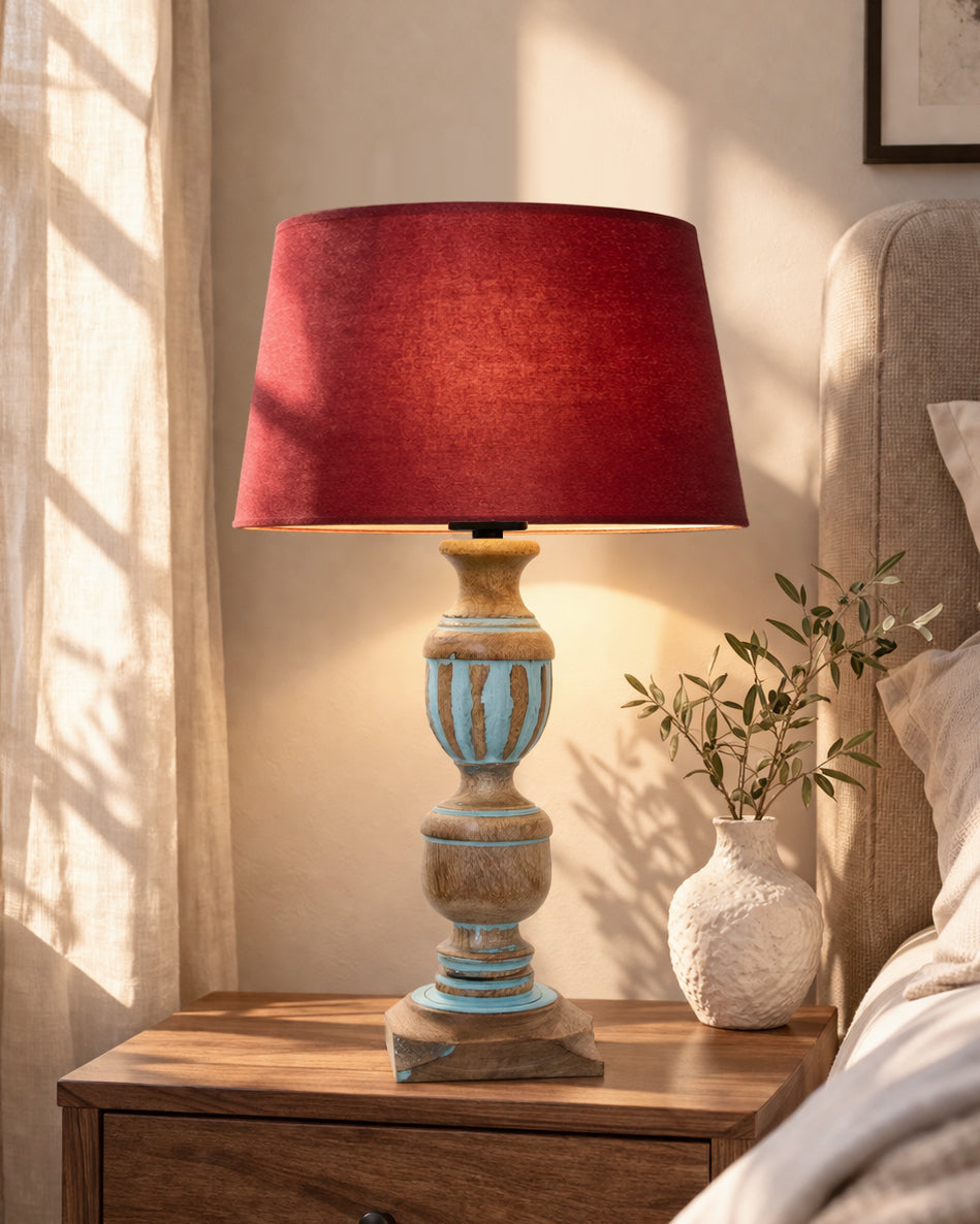 Rustic Distress Blue French Trophy Carved Table lamp with Empire Jute Shade