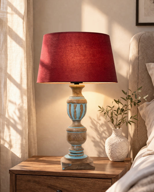 Rustic Distress Blue French Trophy Carved Table lamp with Empire Jute Shade