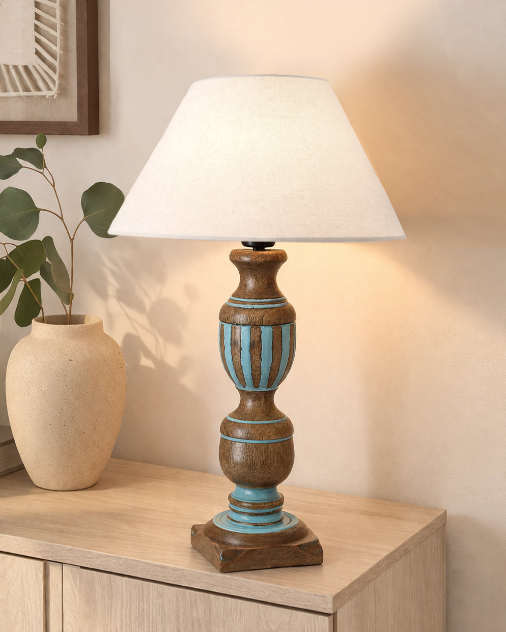 Rustic Distress Blue French Trophy Carved Table lamp with Empire Jute Shade