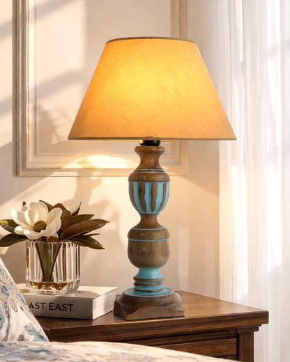 Rustic Distress Blue French Trophy Carved Table lamp with Empire Jute Shade