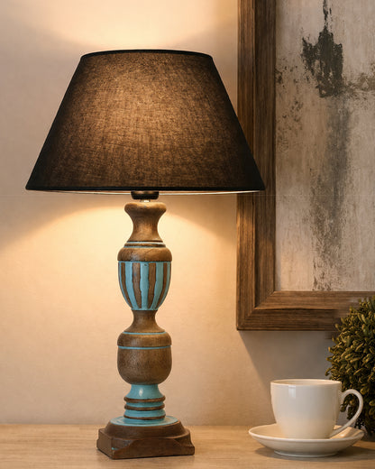 Rustic Distress Blue French Trophy Carved Table lamp with Empire Jute Shade