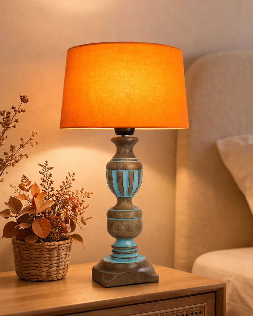 Rustic Distress Blue French Trophy Carved Table lamp with Empire Jute Shade