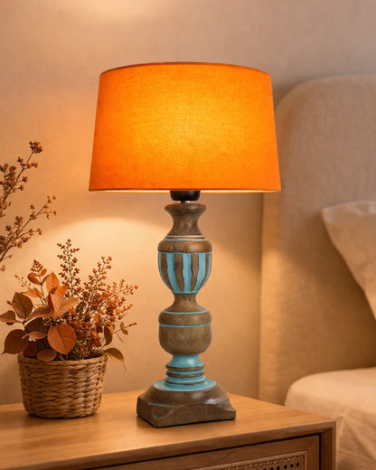 Rustic Distress Blue French Trophy Carved Table lamp with Empire Jute Shade