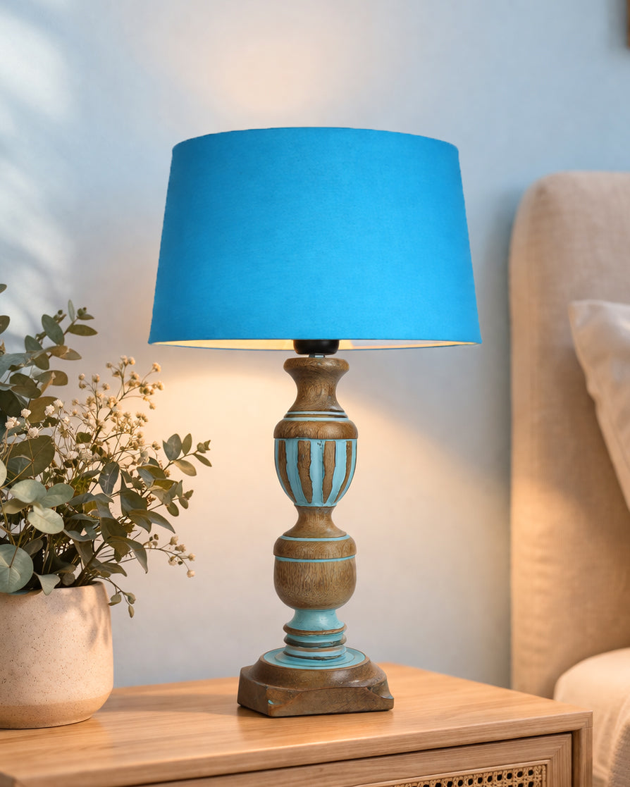 Rustic Distress Blue French Trophy Carved Table lamp with Empire Jute Shade