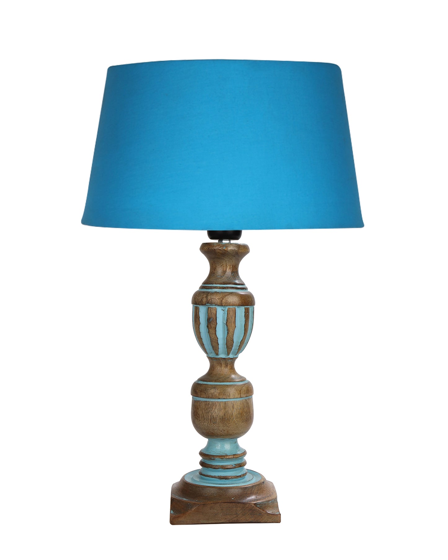 Rustic Distress Blue French Trophy Carved Table lamp with Empire Jute Shade