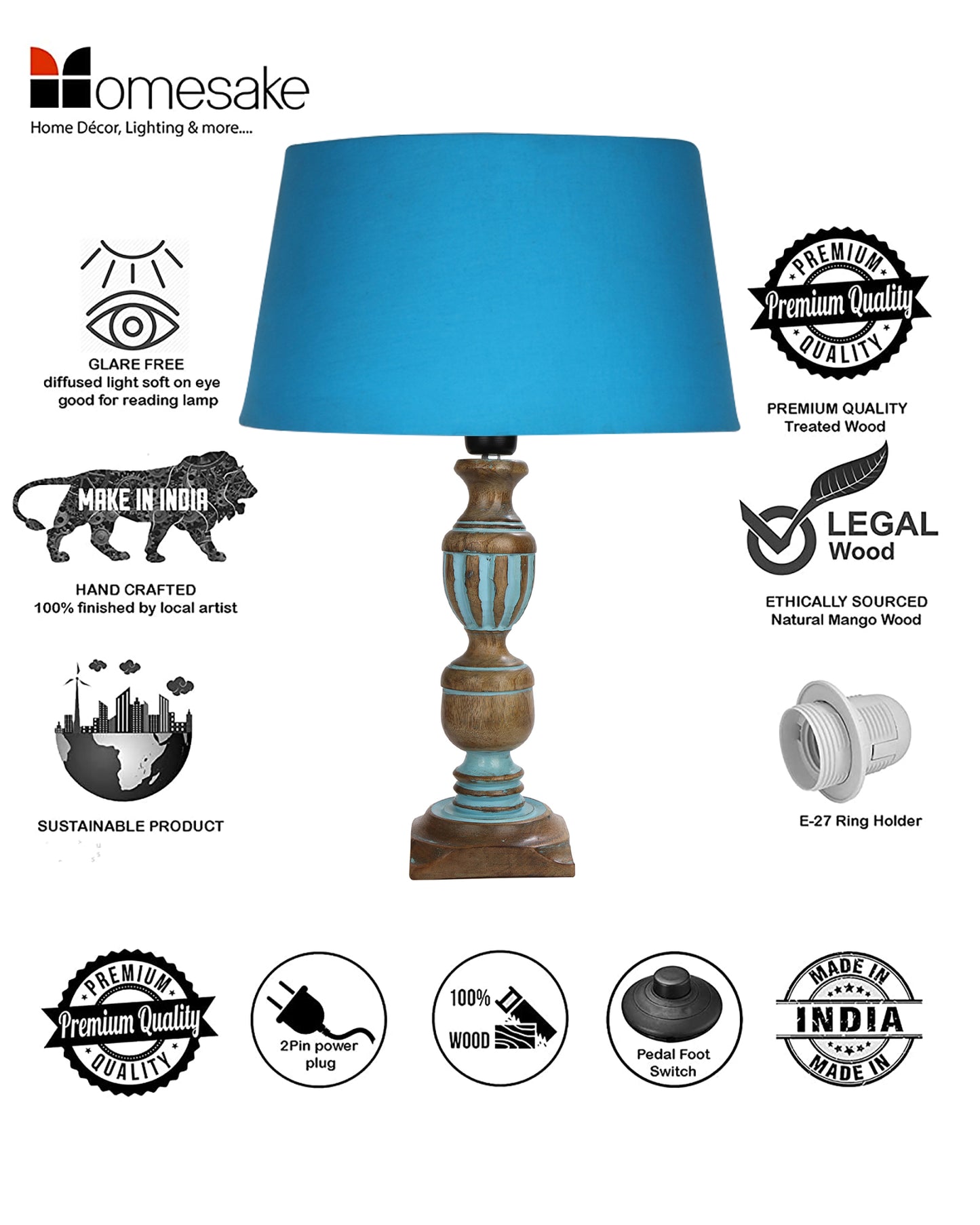 Rustic Distress Blue French Trophy Carved Table lamp with Empire Jute Shade