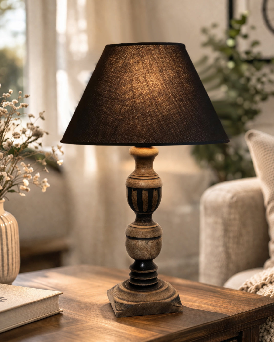 Rustic Antique Black French Trophy Carved Table lamp with Empire shade
