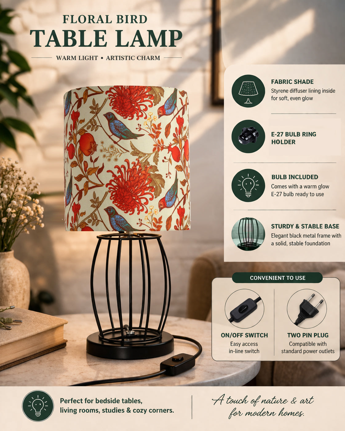 Modern Table Lamp, Metal Wire Cage Base Modern Fabric Lampshade for Home Office Cafe Restaurant,