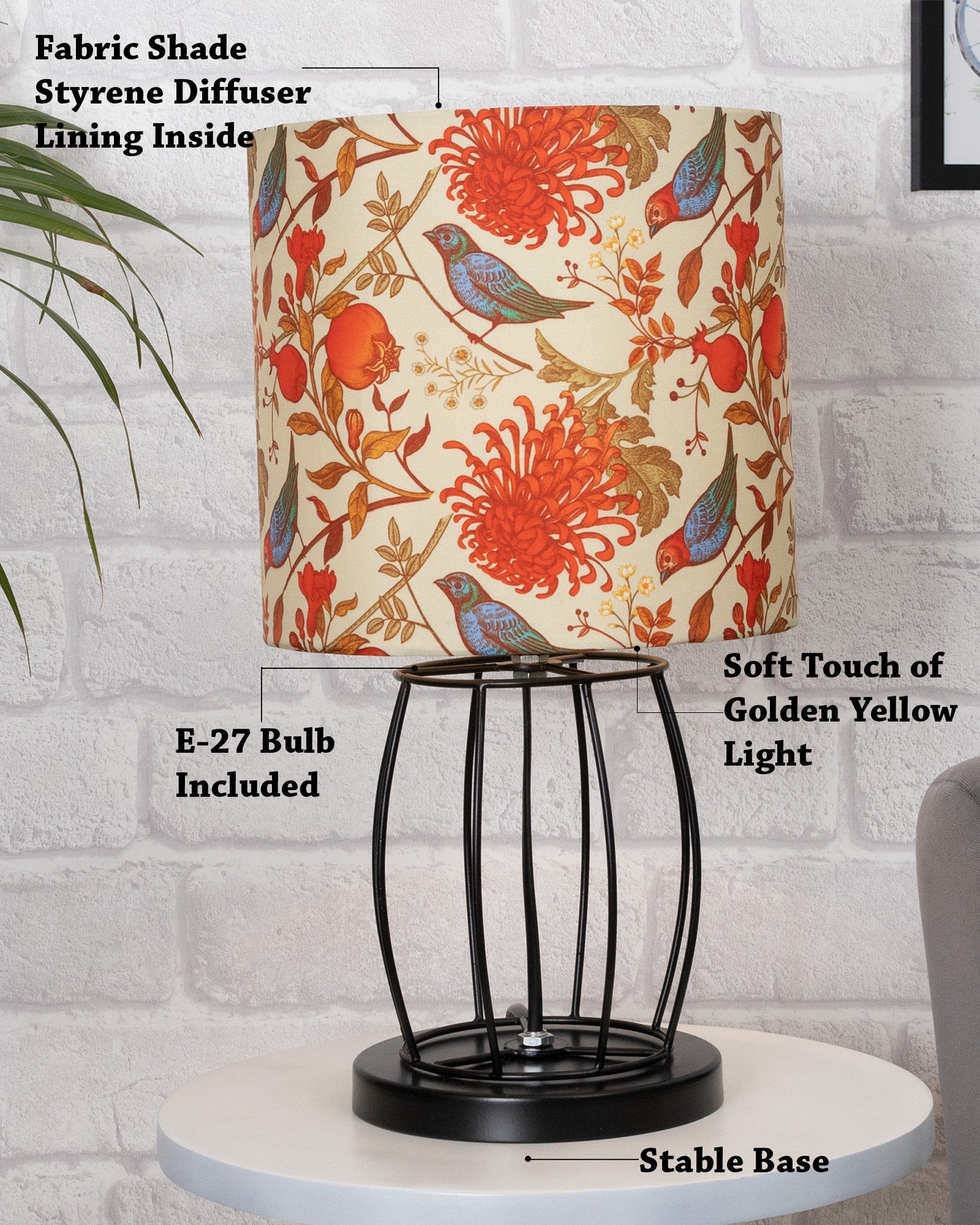 Modern Table Lamp, Metal Wire Cage Base Modern Fabric Lampshade for Home Office Cafe Restaurant,