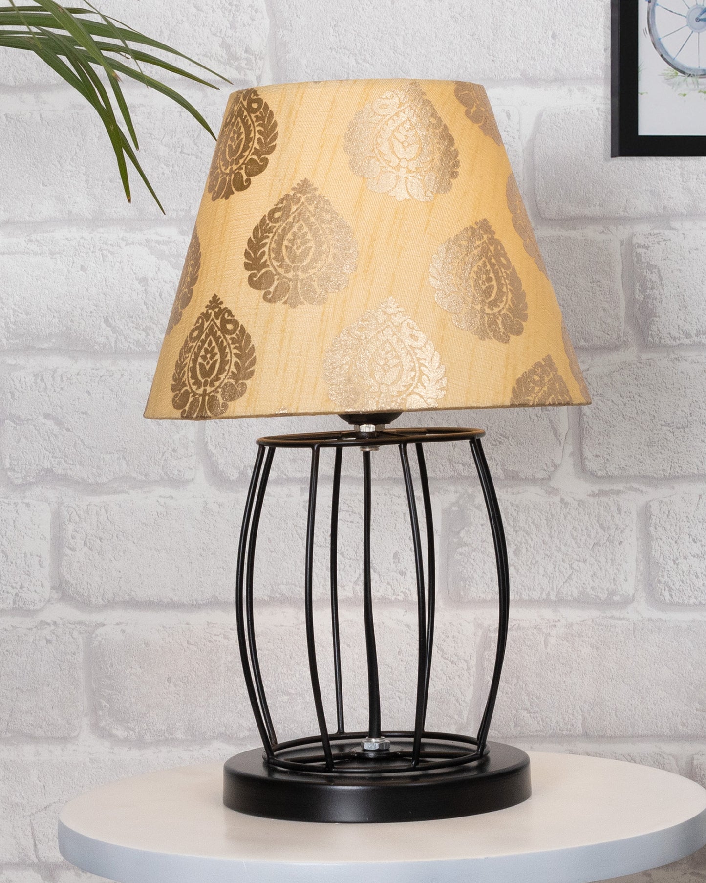 Modern Table Lamp, Metal Wire Cage Base Modern Fabric Lampshade for Home Office Cafe Restaurant,