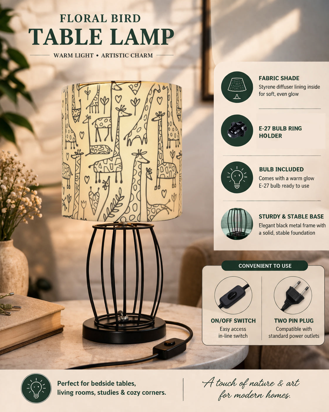 Modern Table Lamp, Metal Wire Cage Base Modern Fabric Lampshade for Home Office Cafe Restaurant,