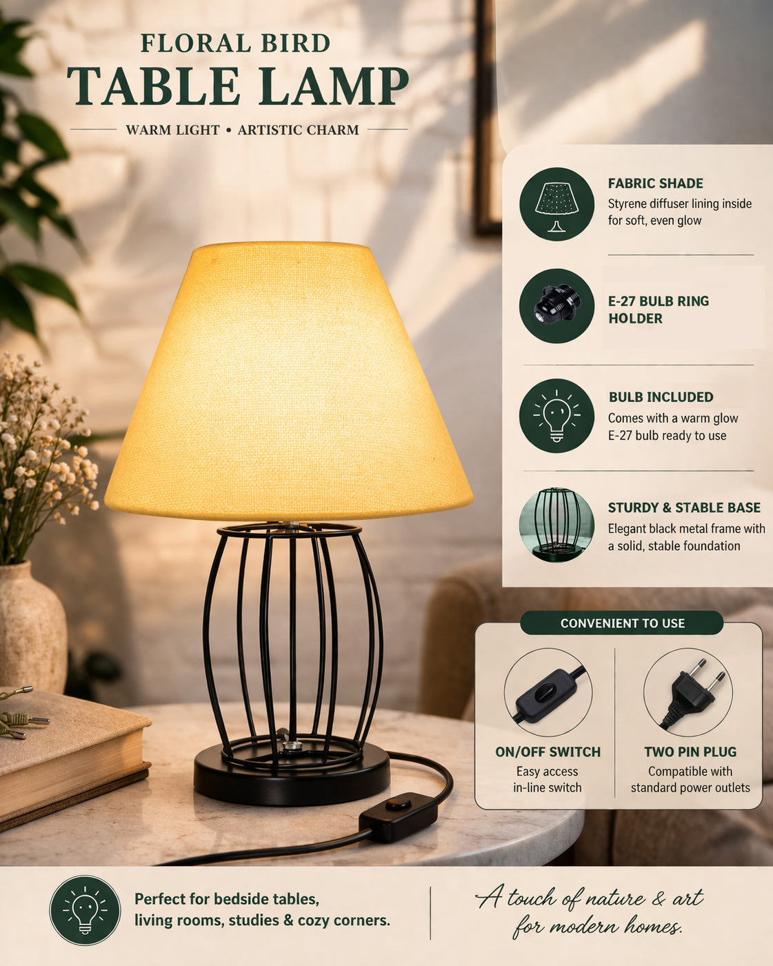Modern Table Lamp, Metal Wire Cage Base Modern Fabric Lampshade for Home Office Cafe Restaurant,