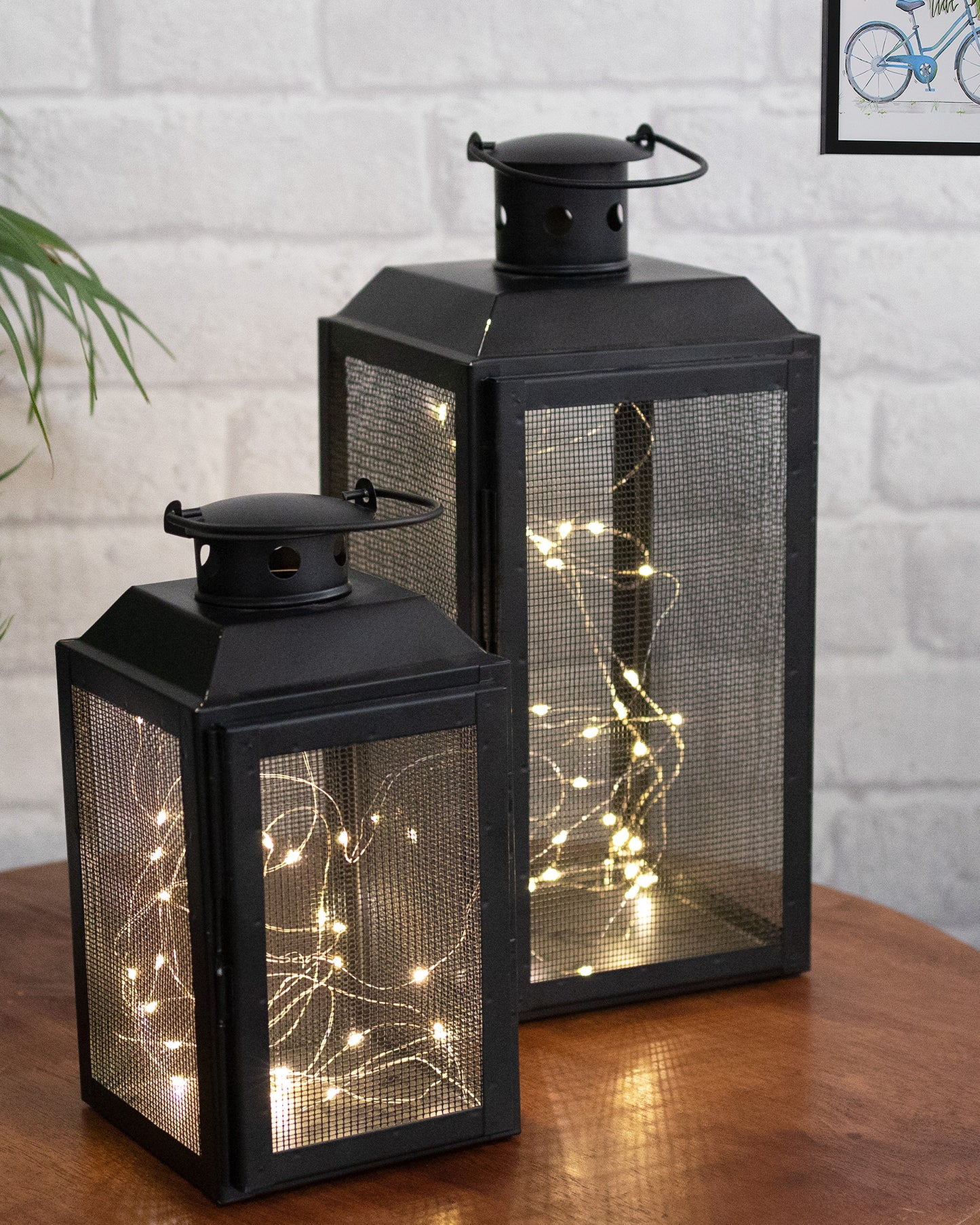 Set of 2 Iron Lantern and Candle Tealight Holder for Home Decor Items With 50 Warm White LEDs for Garden Patio Landscape Decoration