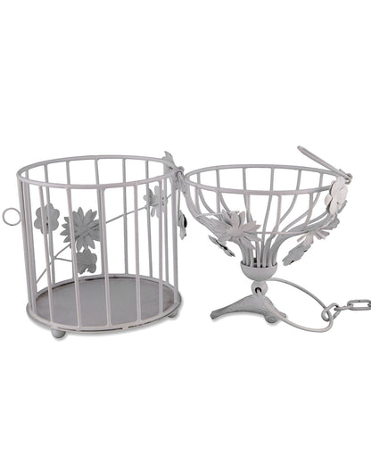Modern Style Iron Decorative White Bird Cage Small with Hanging Chain Tabletop or Hanging Tealight Holder Candle Holder with Cork String Light