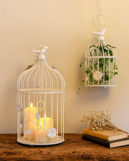 Set of 2 Modern Style Iron Decorative White Bird Cage with Hanging Chain Tabletop or Hanging Tealight Holder Candle Holder with Cork String Light