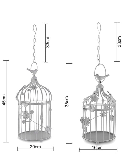 Set of 2 Modern Style Iron Decorative White Bird Cage with Hanging Chain Tabletop or Hanging Tealight Holder Candle Holder with Cork String Light