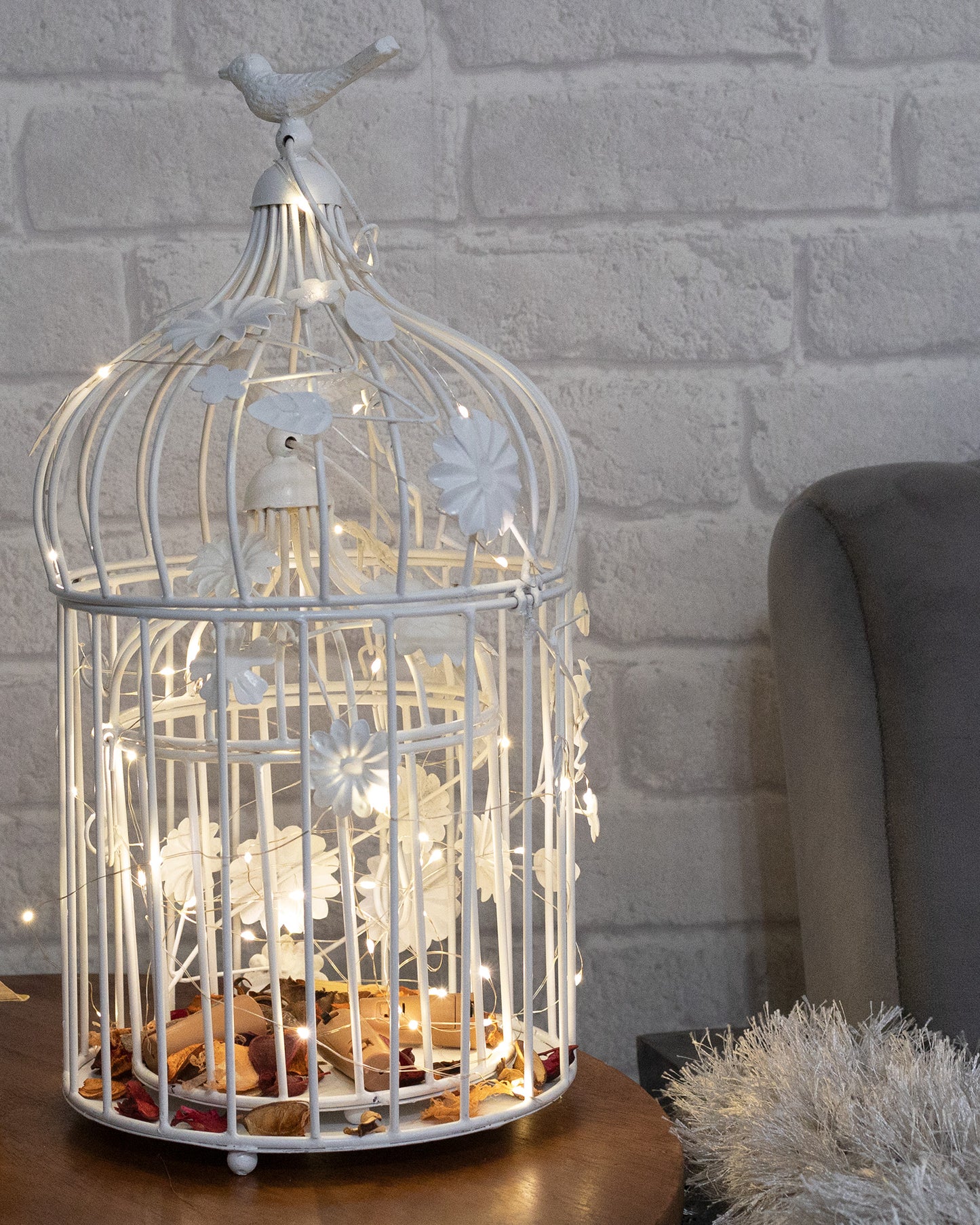 Set of 2 Modern Style Iron Decorative White Bird Cage with Hanging Chain Tabletop or Hanging Tealight Holder Candle Holder with Cork String Light