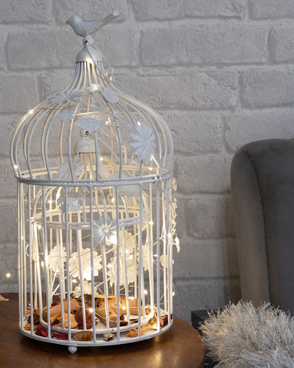 Set of 2 Modern Style Iron Decorative White Bird Cage with Hanging Chain Tabletop or Hanging Tealight Holder Candle Holder with Cork String Light