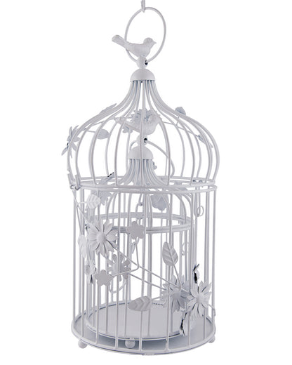Set of 2 Modern Style Iron Decorative White Bird Cage with Hanging Chain Tabletop or Hanging Tealight Holder Candle Holder with Cork String Light