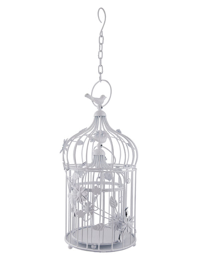 Set of 2 Modern Style Iron Decorative White Bird Cage with Hanging Chain Tabletop or Hanging Tealight Holder Candle Holder with Cork String Light