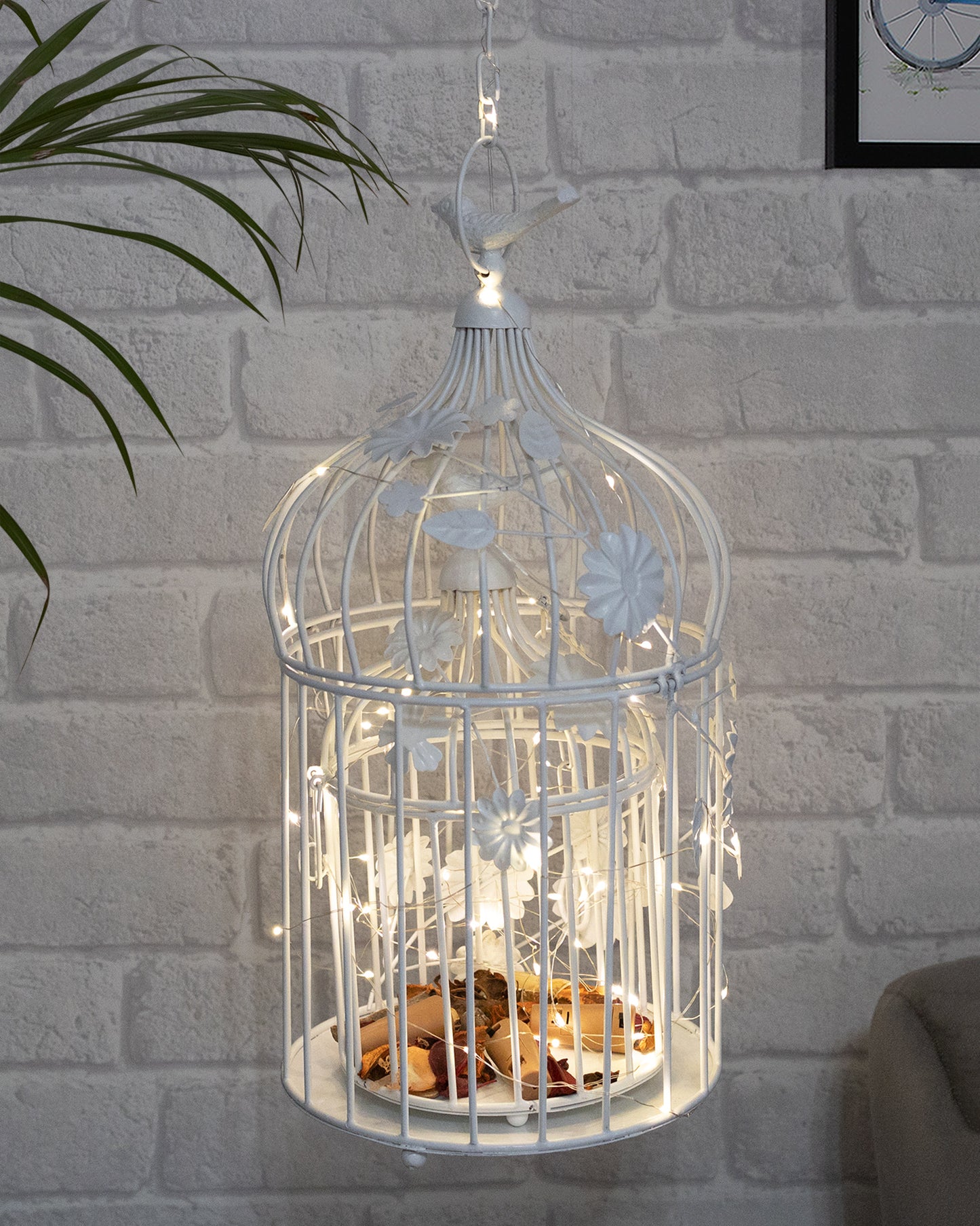 Set of 2 Modern Style Iron Decorative White Bird Cage with Hanging Chain Tabletop or Hanging Tealight Holder Candle Holder with Cork String Light
