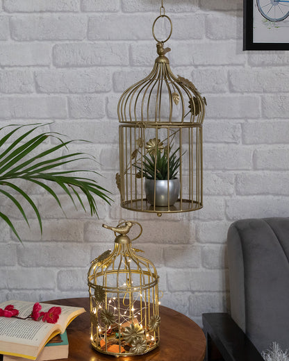 Set of 2 Modern Style Iron Decorative White Bird Cage with Hanging Chain Tabletop or Hanging Tealight Holder Candle Holder with Cork String Light